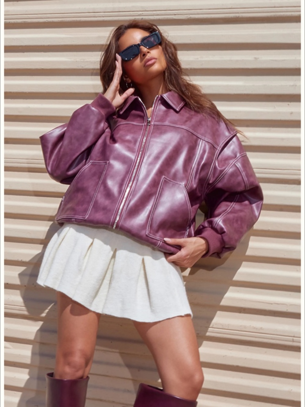 PrettyLittleThing Plum Faux Leather Zip-Up Jacket